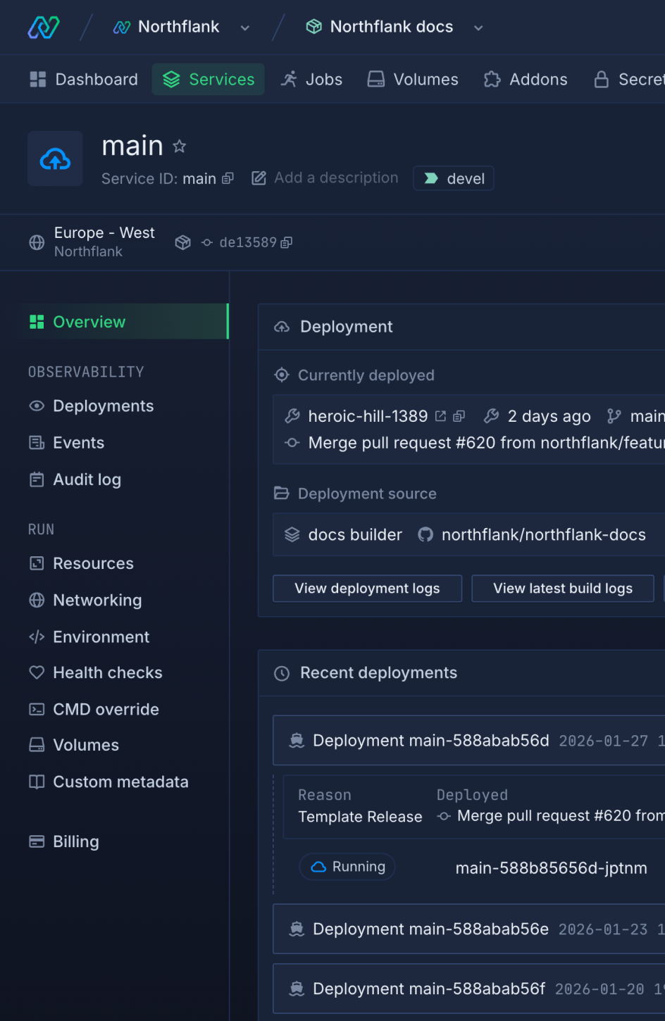 Screenshot of Northflank managed cloud dashboard